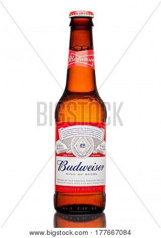 London,uk - March 21, 2017 : Bottle Of Budweiser Beer On Whote Background, An American Lager First I
