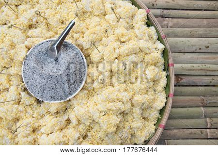 Photo of Thai sweet Bean puff with bamboo background