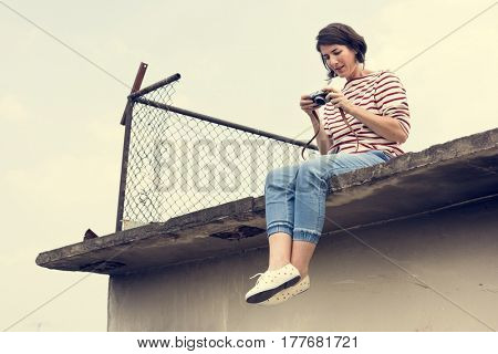 Woman traveler photographer holiday lifestyle trip