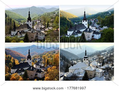 Four season folder in old mining village in Slovakia. Historic church in Spania Dolina. Spring, summer, autumn and winter landscape.