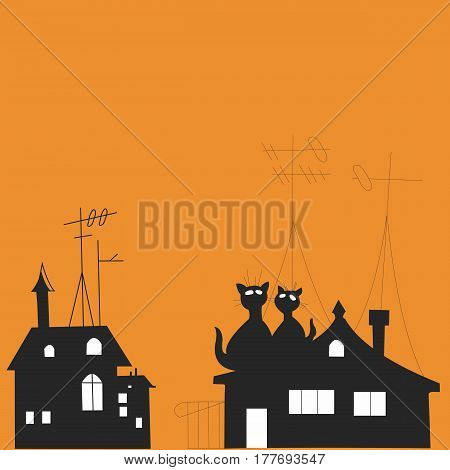 Cute black silhouettes of cats on the roof vector illustration