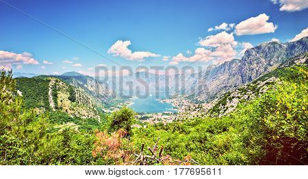 Top View Boka Kotorska Gulf Mountain Lovchen Montenegro Wide Angle