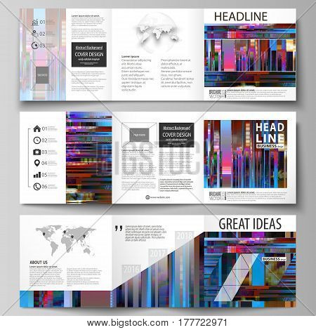 Business templates for tri fold brochures. Square design. Leaflet cover, abstract vector layout. Glitched background made of colorful pixel mosaic. Digital decay, signal error, television fail. Trendy glitch backdrop.