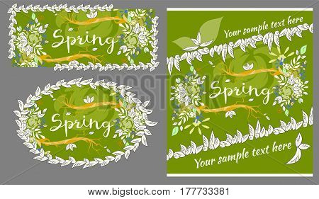 Vector set of floral spring-summer greeting cards and banners. Colorful flowers and leaves on tree branches. Beautiful vector lettering on spring season. There is place for text