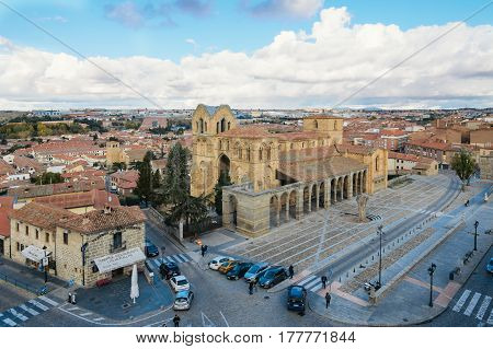 Avila Spain - November 11 2014: Church of San Vicente from Medieval Walls a cloudy day. The old city and its extramural churches were declared a World Heritage site by UNESCO