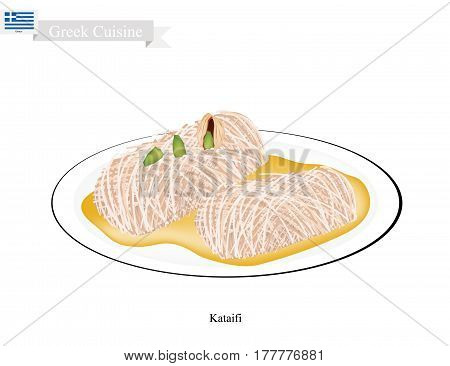 Greek Cuisine Loukoumades or Traditional Dessert Balls Topping with Syrup and Almond. One of Most Popular Desserts in Greece.