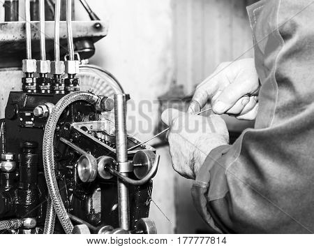 Professional Mechanics Testing Diesel Injector In His Workshop, Repair Of Diesel Fuel Injectors, Ust