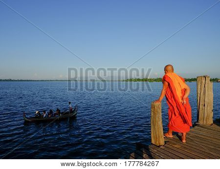 Ubein Bridge At Sunrise In Mandalay, Myanmar