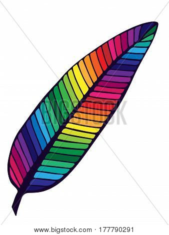Colorful isolated feather on the white background. Single rainbow color feather for card coloring book typography and other design.