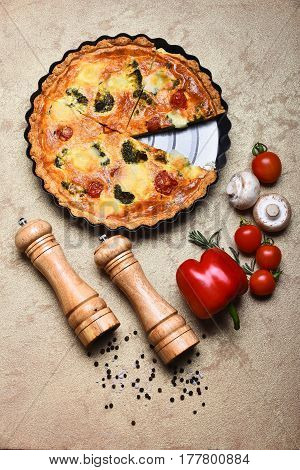 Pizza Or Vegetable Pie With Pepperbox And Saltcellar On Tray