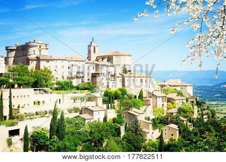 view of Gordes, famouse old town fortress of Provence at springr day, France,