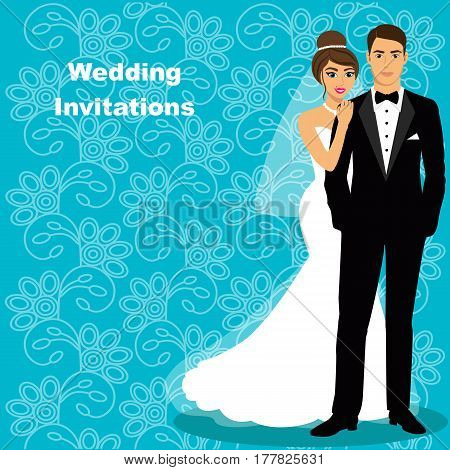Bride and groom. Wedding card with the newlyweds on the background with ornament. Wedding invitation. Vector illustration.
