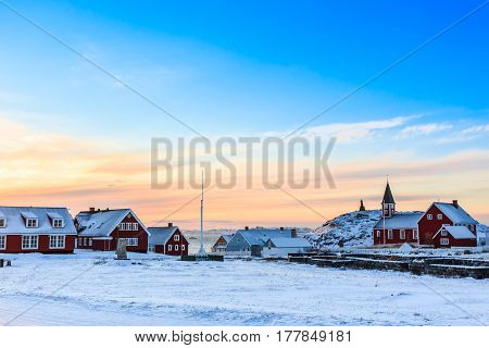 Annaassisitta Oqaluffia, Church Of Our Saviour In Sunset Lights, Historical Center Of Nuuk City, Gre