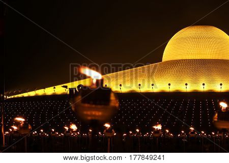 Candle Light To Pay Respect To Lord Buddha On Makabucha Day At Dhammakaya Temple, Thailand