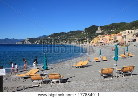 Varigotti Italy: panorama of the Gulf of Liguria to the west in the direction of Finale seen from Varigotti Beach early summer