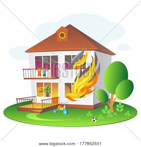 Illustration with burning house for companies insuring the property. Colorful illustration for design projects: websites, banners, leaflets, posters and cards.