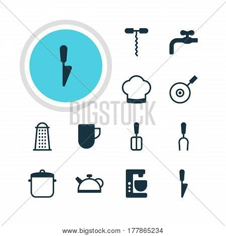 Vector Illustration Of 12 Kitchenware Icons. Editable Pack Of Mixer, Chef Hat, Teakettle And Other Elements.