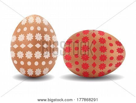 Two 3d isolated vector realistic brown easter eggs with pattern on white background