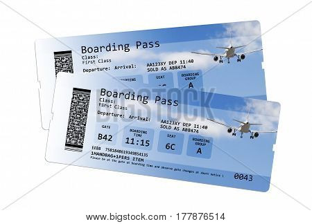 Airline boarding pass tickets isolated on white - The contents of the image are totally invented. Note for the Ispector: The contents of the image are totally invented. The writings are not subject to copyright anyway the codes the QR code are totally inv