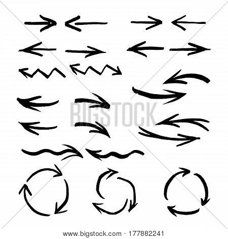 Collection of arrows and design elements. Vector brush stroke sketch set.