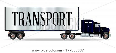 The front end of a large lorry over a white background with transport inscription