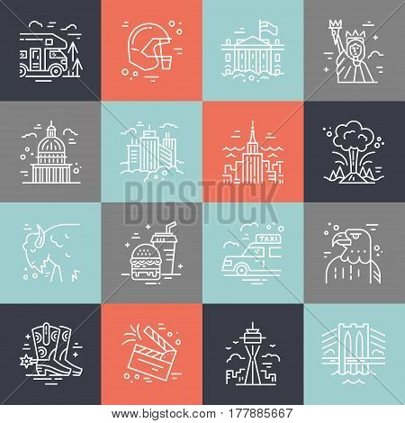 Vector set of line icons with symbols of United States.