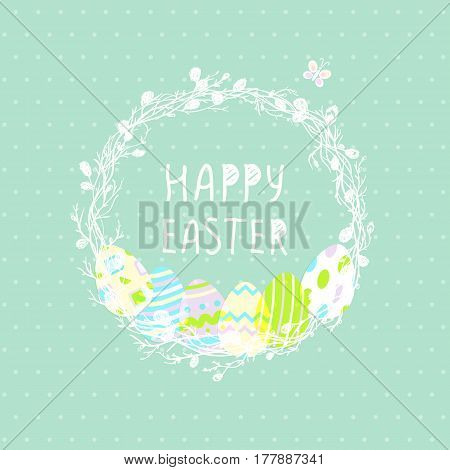 Easter eggs in a wicker nest, greeting card on a blue background. Wallpaper, flyers, web design, brochure, voucher. Vector illustration .
