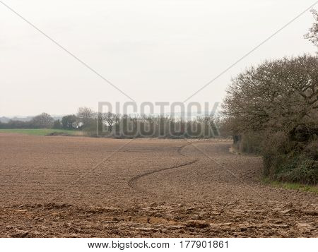A lovely landscape of soil with a tractor line.