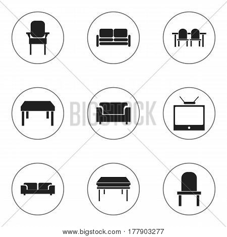 Set Of 9 Editable Interior Icons. Includes Symbols Such As Couch, Trestle, Stool And More. Can Be Used For Web, Mobile, UI And Infographic Design.