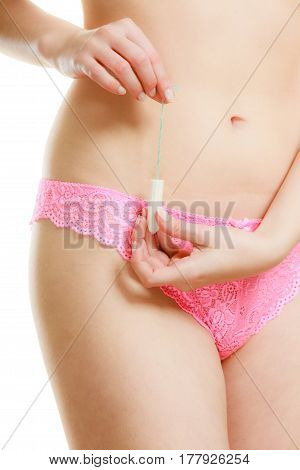 Mentruation Time. Girl With Hygienic Tampon.