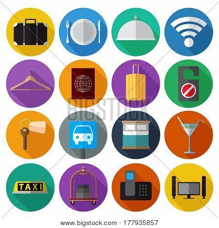 Set os simple modern hotel symbols flat icons on color circles vector illustration
