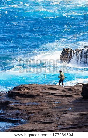 hawaiian fisherman in lava beach oahu hawaii