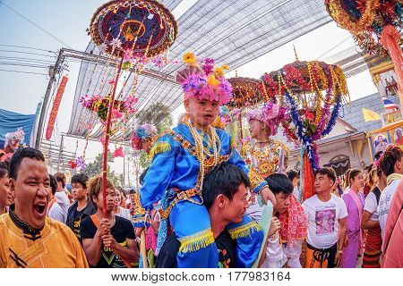 CHIANG MAI THAILAND - MARCH 24 : Poy Sang Long festival A Ceremony of boys to become novice monk In parade around Koo Maan temple on March 24 2017 in Chiang mai Thailand.