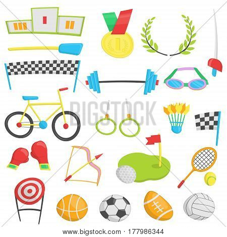 Flat cartoon icons for summer sports, competition event. Accessories, tools, symbols and inventory, medals and awards for soccer, swimming, cycling, archery and other.