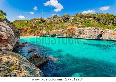Beautiful Bay Beach On Majorca Island, Seaside Of Calo Des Moro, Spain Mediterranean Sea