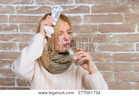 Take Medications To Reduce Fever. What To Know About Breaking Fever. Woman Tousled Hair Scarf Hold G