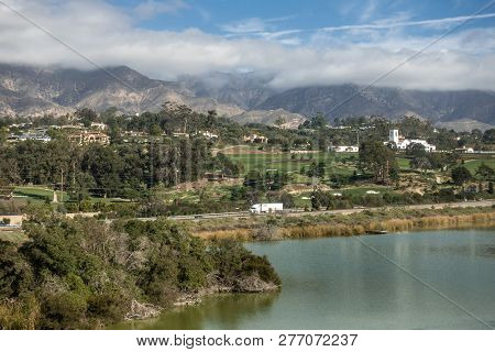 Santa Barbara, California, Usa - December 18, 2018: Green Golf Course And White Towered Building Of 