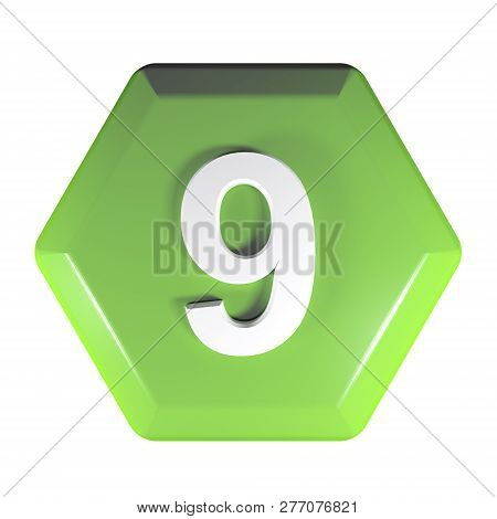 Number 9 Green Hexagonal Push Button - 3d Rendering Illustration