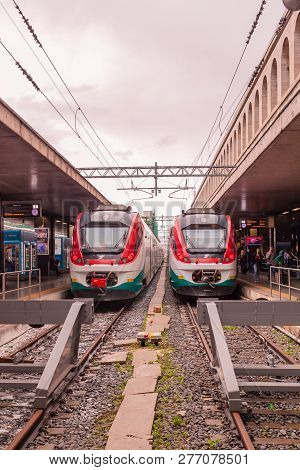 01.11.2018 Rome, Italy Trains Leonardo Express Parked At Rome Main Railways Station Roma Termini. To