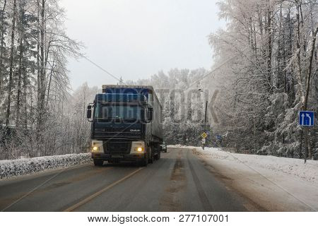 Moscow Region, Serpuchov, Russia - December, 24, 2018: image of a truck on a winter road