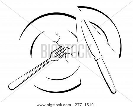 Abstract Image Or Logo With A Cut Plate, Knife And Fork. For An Article About Losing Weight, Diet Or