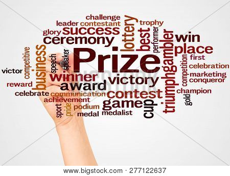 Prize Word Cloud And Hand With Marker Concept