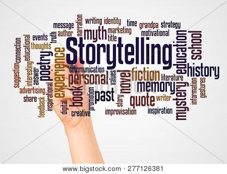 Storytelling Word Cloud And Hand With Marker Concept