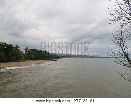 Anyer, Indonesia - June 25, 2018: The Calm Sea Of Sunda Strait With Cloudy Horizon.
