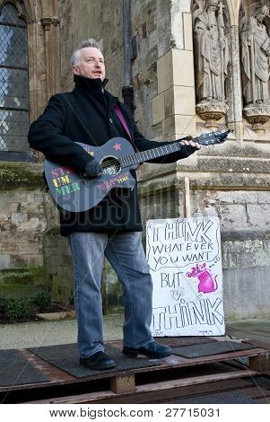 Billy Bragg Performing In Front Of Exeter Cathedral As Part Of An Afternoon Of Music And Performace