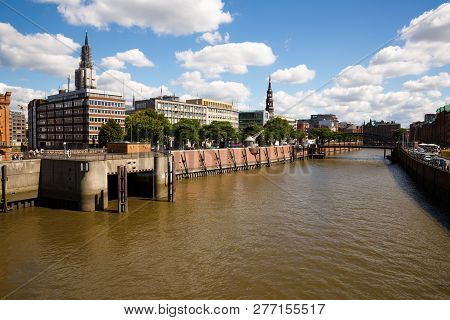 Hamburg, Germany - August 17, 2016 - Elbe River, Bridge And Buildings At Speicherstadt (warehouse) D