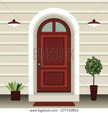 House Door Front With Doorstep And Mat, Window, Lamp, Flowers In Pots, Building Entry Facade, Exteri