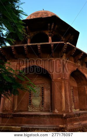 A Red Sandstone Tower In The Mehtab Bagh Garden Across The Yamuna River From The Taj Mahal