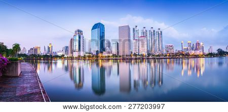 Panorama View Of Benchakitti Park, Cityscape Of Skyscraper Business Reflection At Benchakitti Park A