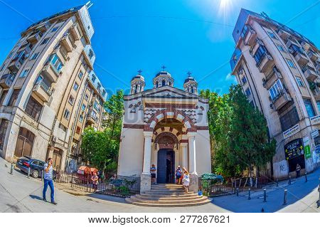 Bucharest, Romania - July 16, 2018: The Orthodox Church Of Zlatari Between New Buildings, Located On